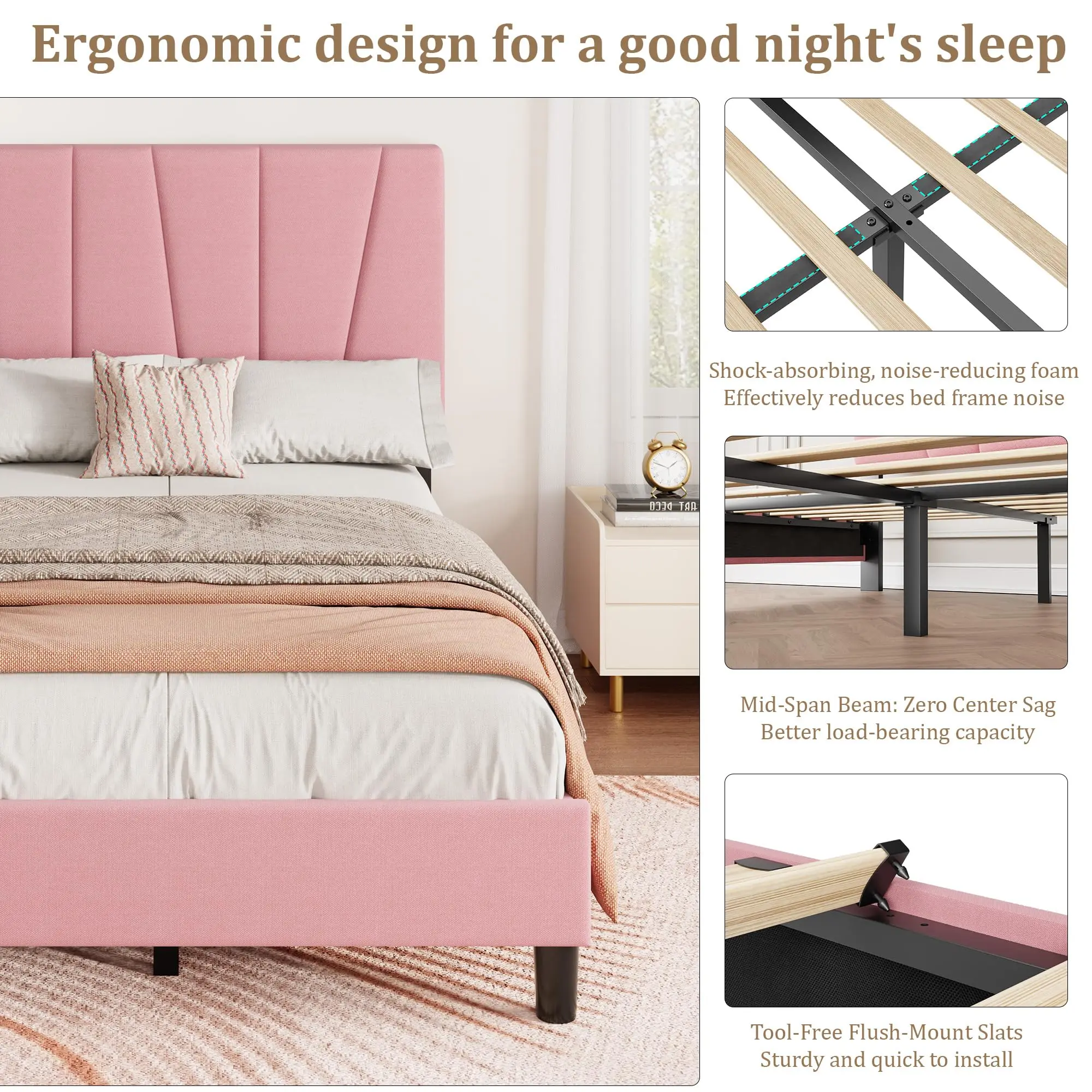 Adjustable Channel-Tufted Headboard Upholstered Platform Bed Frame, Linen Fabric - Strong Wood Slats, Noise-Free Mattress Foundation, No Box Spring Needed - Grey