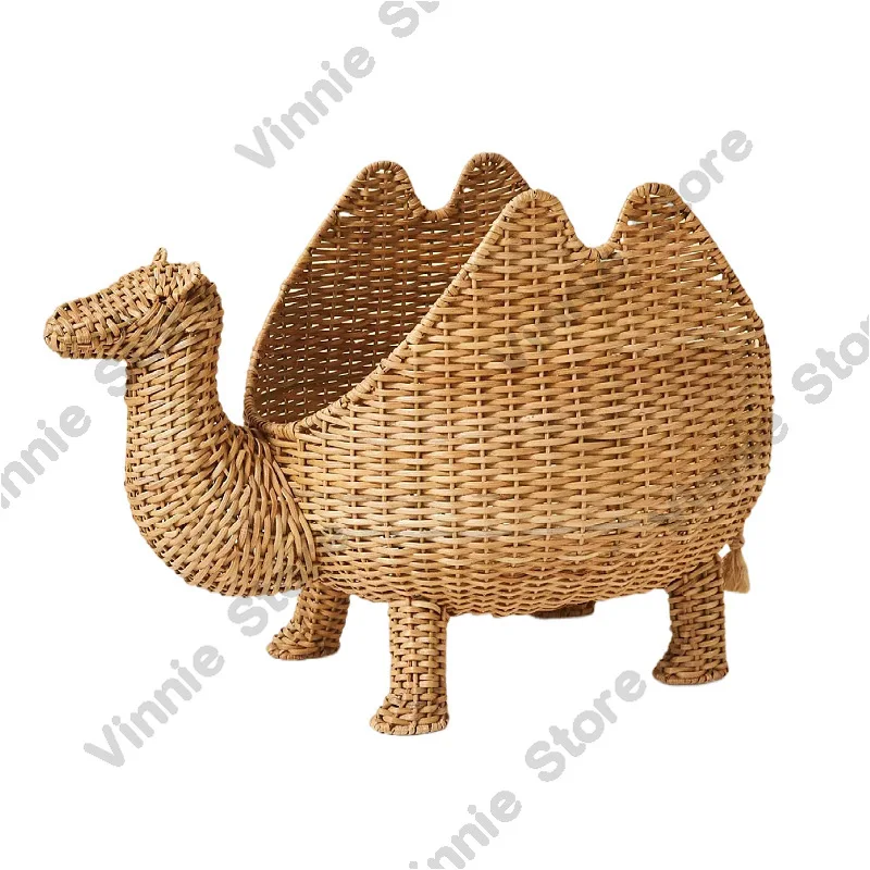 Handmade Rattan Camel Shaped Storage Basket with Lid for Kids Room and Home Decoration