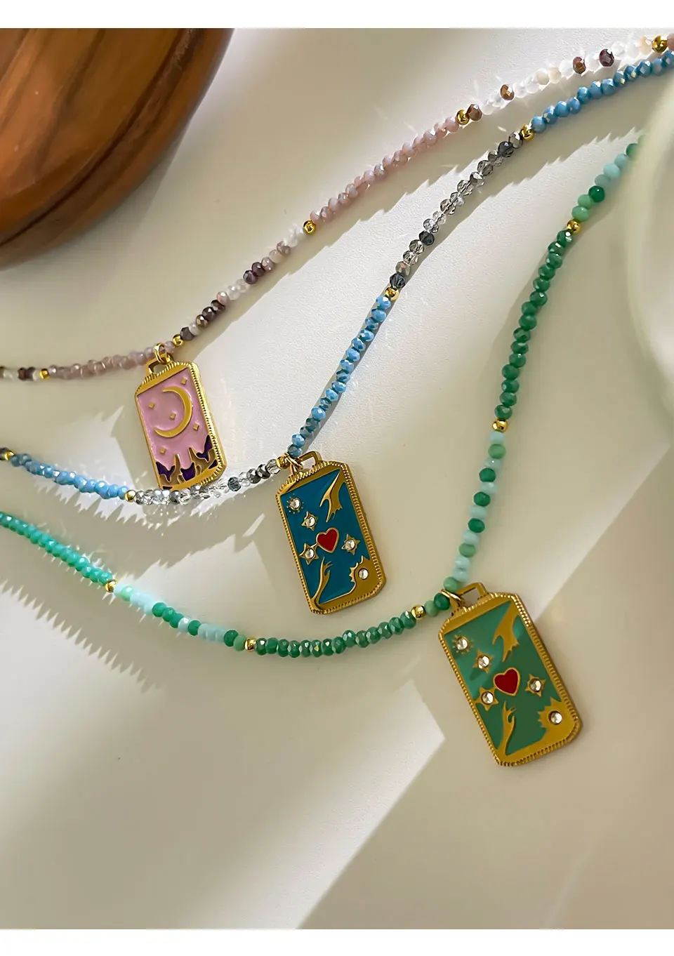 Peri\'sbox Bohemian Multi-color Acrylic Beaded Chain Colored Enamel Rhinestone Square Pendant Necklace for Women High-End Jewelry