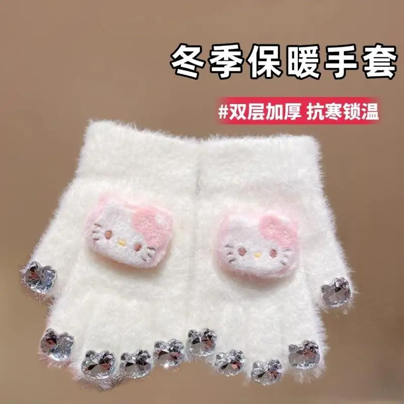 Детские перчатки Hello Kitty Sanrio, милые плюшевые теплые зимние перчатки Kt с бриллиантовыми украшениями, зимние подарки для детей