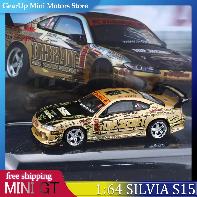 

MINI GT 1:64 Silvia S15 Top Secret D1GP Gold Hang Sell Blister Packaged Alloy Model #714 New Arrival for Drift Car Enthusiasts