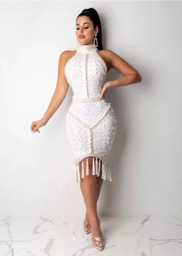 Robe de soirée Sexy en perles blanches et noires, robe à bandes perlée avec franges, Costume de danse de chanteur pour spectacle en boîte de nuit