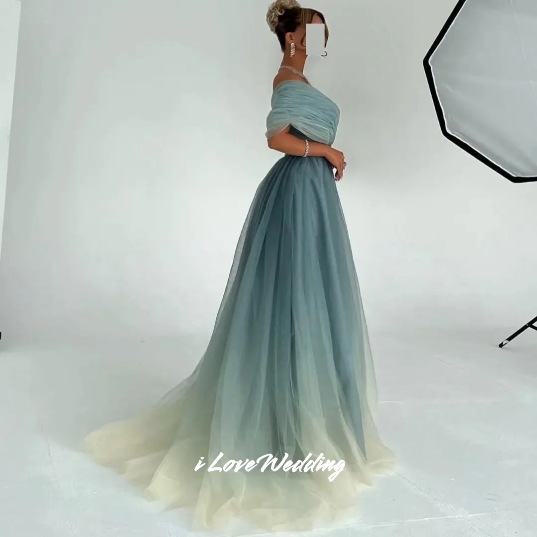 الأزرق الخامس الرقبة فساتين لحضور الحفلات الموسيقية 2025 قبالة الكتف ألف خط الطابق طول عارية الذراعين مطوي فساتين السهرة فساتين الزفاف الضيوف مخصصة #5