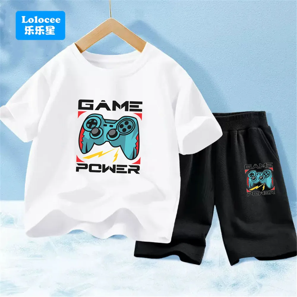 Conjunto de roupa com estampa de controlador de jogos para meninos, camiseta de manga curta + shorts com cintura elástica, 2 peças, roupa casual de ve