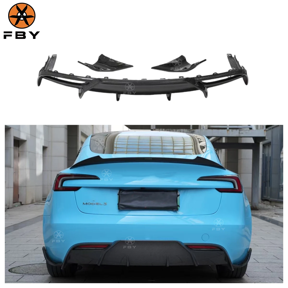 3 PCS/SET Dry Carbon Fiber Rear Diffuser For Tesla MODEL 3 Highland 2024 Body Kits Exterior Real Carbon Diffuser