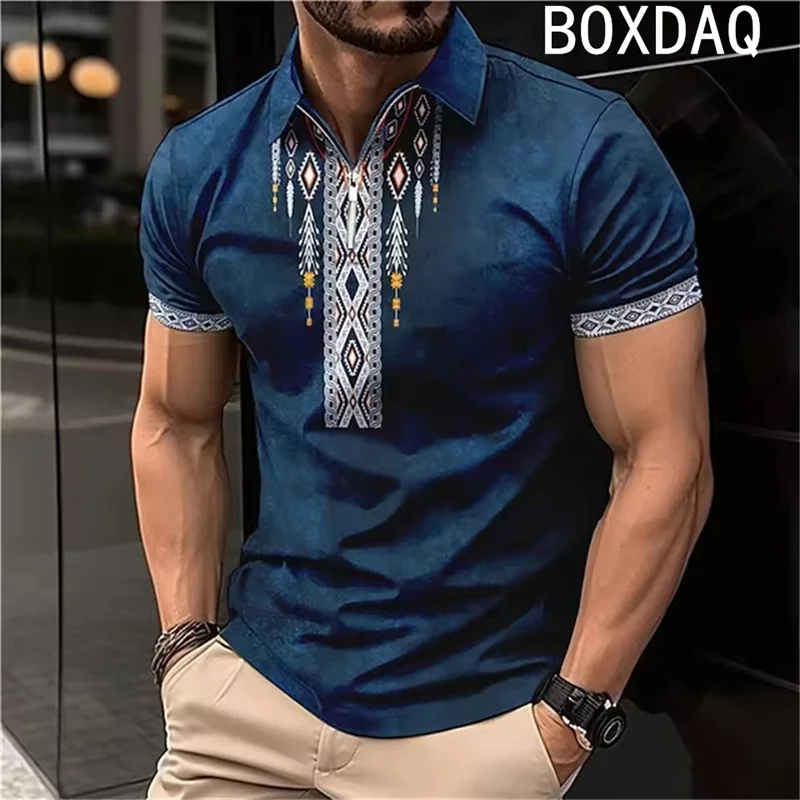 Vintage Tribal Style Polo Shirt Man Lapel Short Sleeve With Zipper Shirt Big Size  6XL Men's Casual Loose Sport Pullover Tops
