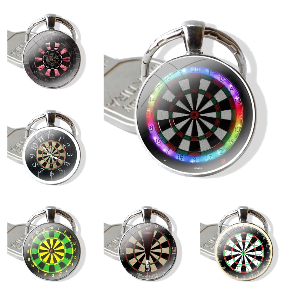 Keychain Handmade Glass Cabochon Key Ring Holder Pendant Key Chains dart board dart game vinyl record wall clock