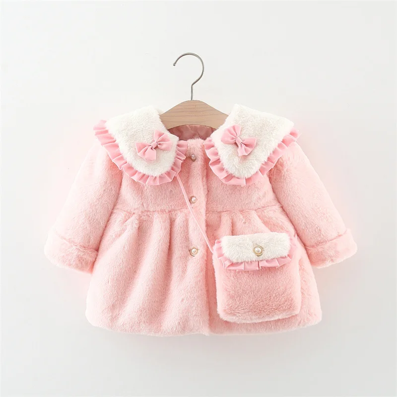 2 Teile/satz Entzückende Winter Kinder Pelzigen Kleidung Süße Bogen Weiche Warme Mantel 0-3 Jahre Altes Kind mantel + Tasche Kinder Neue Jahr Tragen – Detail 4