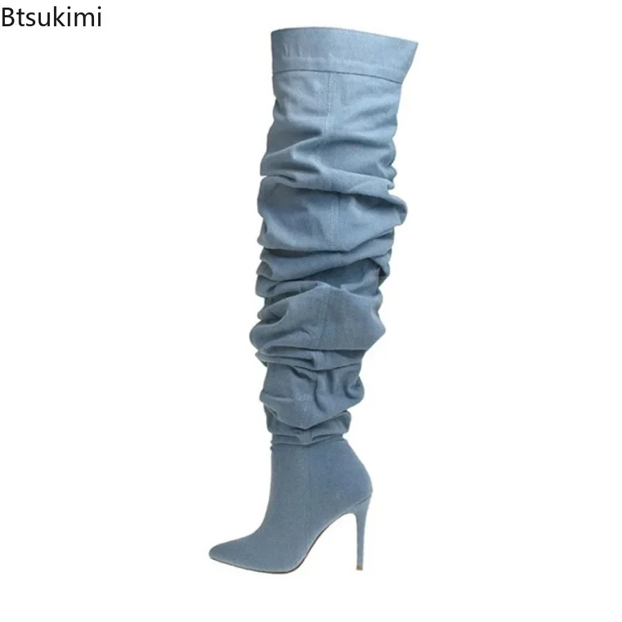 2024 Women\'s Sexy Denim Thin Heeled Knee Boots Western Cowboy Long Booties Female Slip on Ladies Over The Knee High Stack Boots