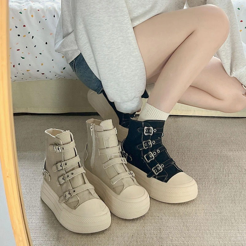 2024 New Trend Canvas Round Toe Thick Sole Platform Chunky Heels Women Sneakers Belt Buckle Zipper Fashion Western Punk Shoes