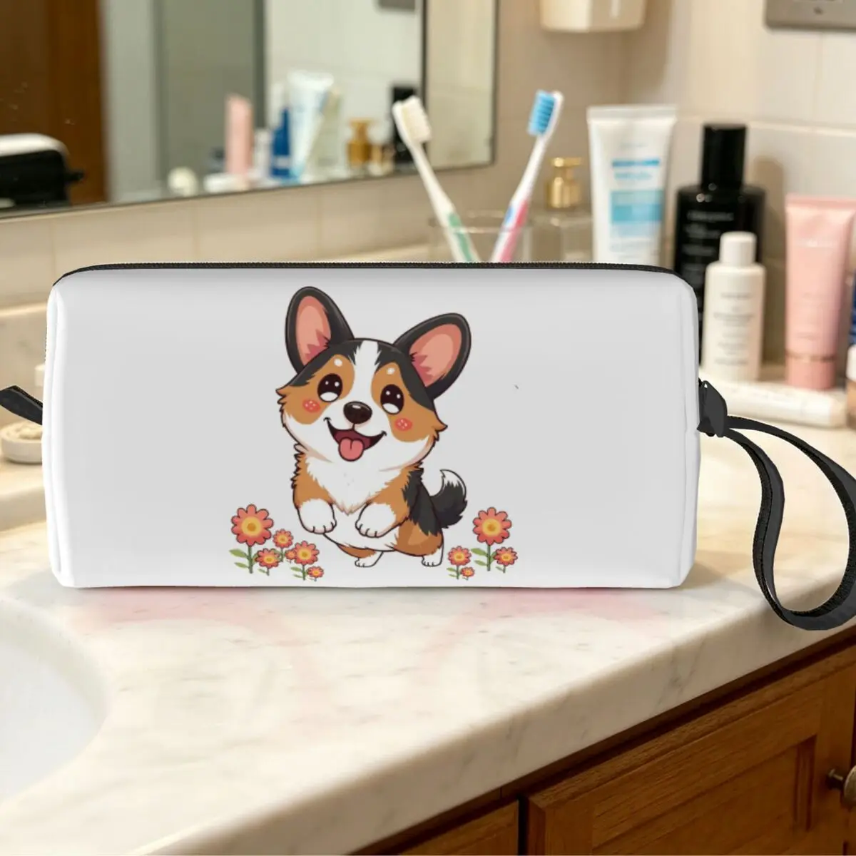 Kawaii Tricolor Corgi In The Garden Makeup Bag Cosmetic Organizer Toiletry Cosmetic Bag for Women Beauty Travel Pencil Case