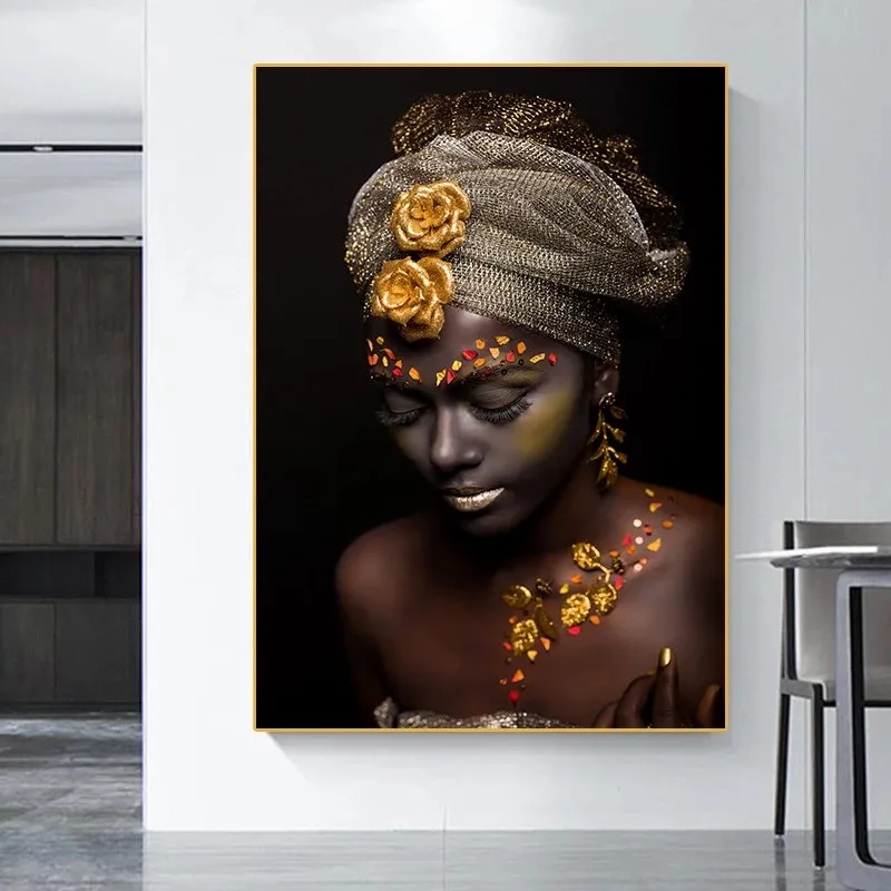 Zwart goud naakt afrikaanse vrouw canvas poster kunst aan de muur portret op canvas scandinavische muur woonkamer