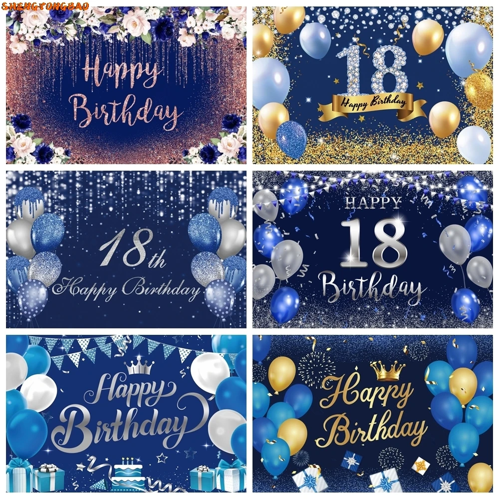 

Happy Birthday Backdrop Navy Blue Silver Glitter Balloon Men Women Birthday Party Photography Background Decor Photo Studio Prop