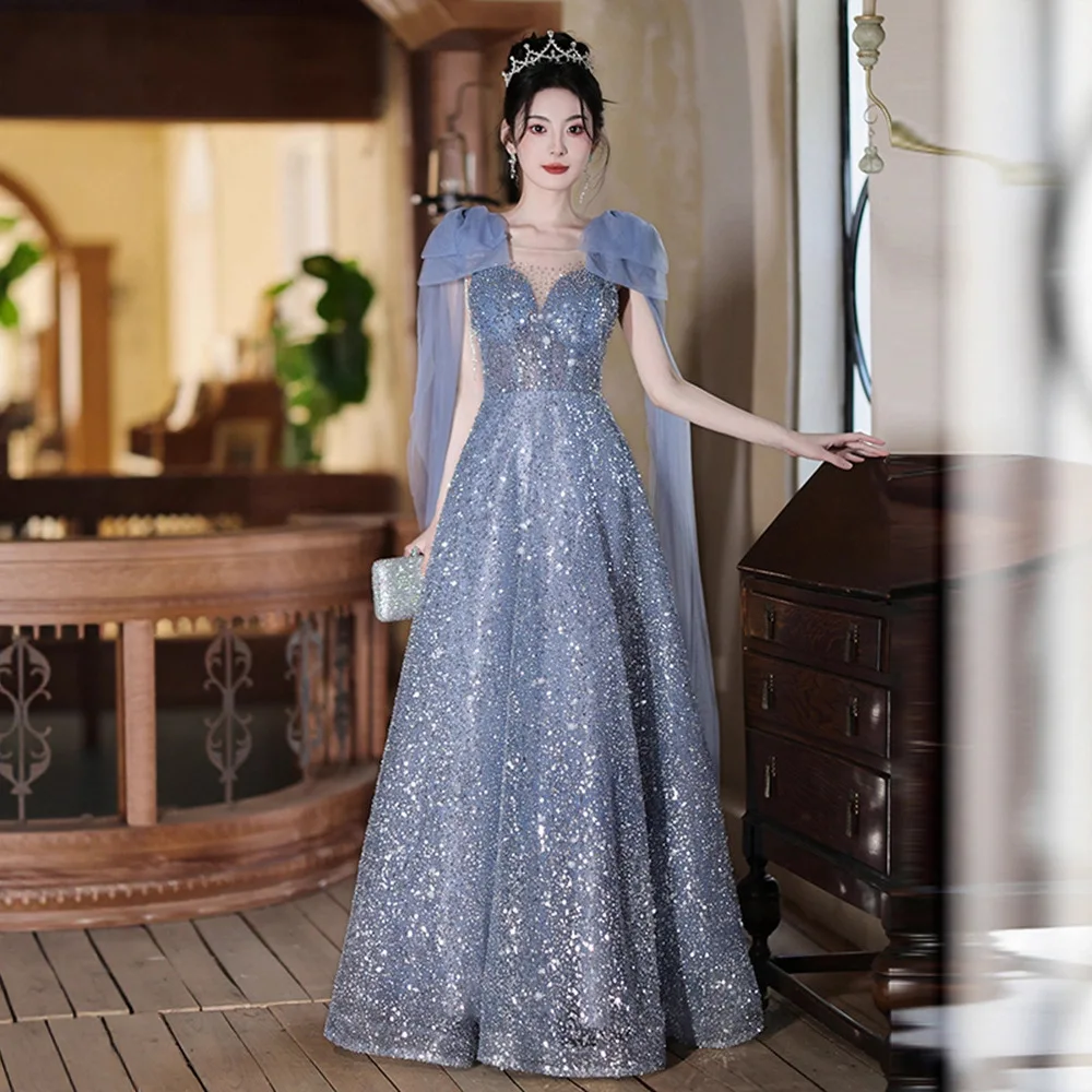 

Ele синее вечернее платье, женское новое платье 2025, элитный роскошный уникальный красивый костюм для выступлений Guzheng с высокой талией