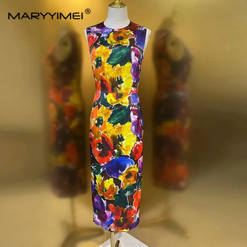 Imagem -06 - Maryyyimei-vestido de Lápis de Seda sem Mangas Floral Feminino Pacote Elegante Fino Vestidos Quadril Designer de Moda Novo 2024