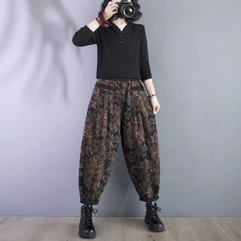 الرجعية طباعة هارلان السراويل النسائية عارضة فضفاض التخسيس Faionable ربيع الخريف عالية الخصر طويل بلا أبي الجينز السيدات