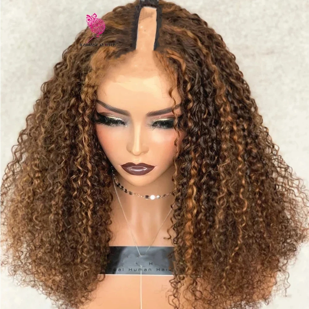 

3C 3A Ombre Brown Afro Kinky Curly 1X4 V Part Wigs Unprocesse 100% Human Hair Highlight Auburn Blonde Middle/Side Full U Shape