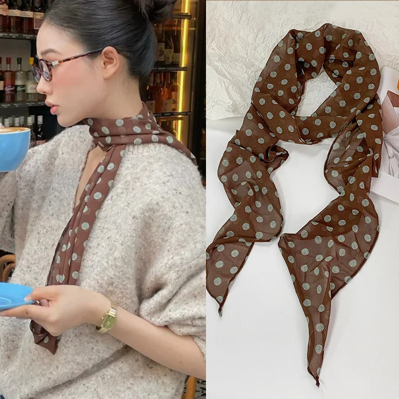 Brown Polka Dot Silk Scarf for Women Printed for Women, Vintage Bohemian Silk Scarf Wrap, Neck Head Daily Travel Gift Trendy