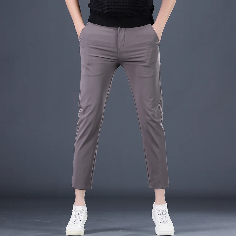 

Мужские повседневные брюки из ледяного шелка премиум-класса, цвет хаки, укороченные, зауженного кроя, для молодежи, на каждый день, летний сезон