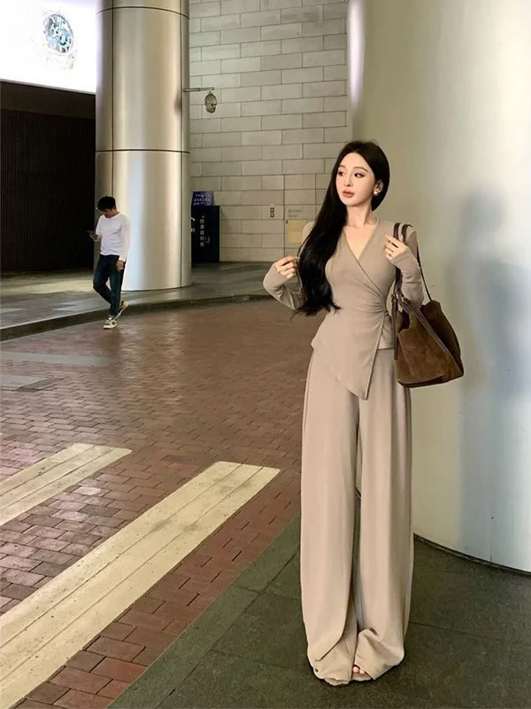 Slimming Two-Piece Set Long Sleeve T-Shirt Top Women's Autumn Casual Wide Leg Pants Slim Fit Cross V-Neck Elegant Commute Style