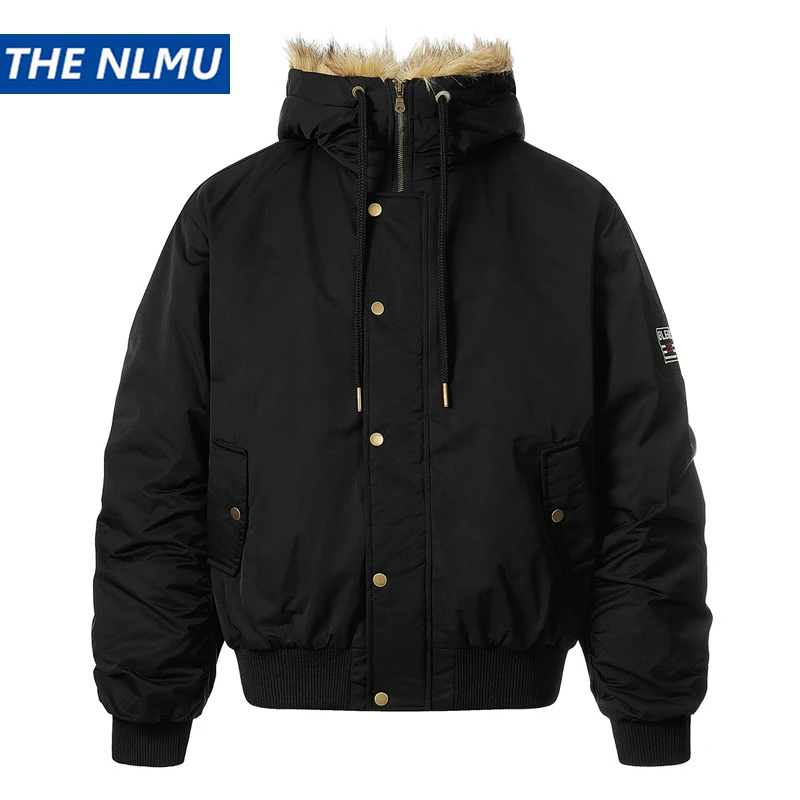

2025 Winter Vintage Thick Jackets Men‘s Fur Collar Warm Hooded Parkas Jacket Y2K Cotton Padded Coats Hip Hop Streetwear