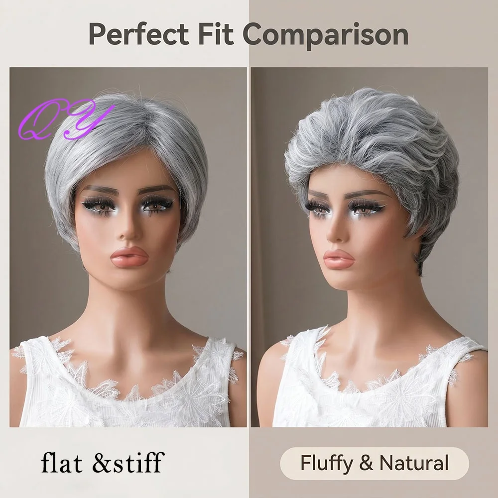 Short Layered Straight Salt Pepper Grey Pixie Wig Synthetic Heat Resistant Silver Gray Full Wig For Mature Women Daily Party