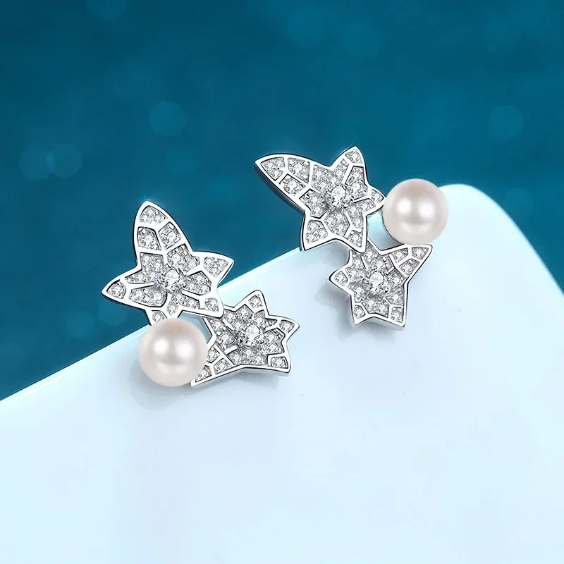 Pentagram 0.68ct Moissanite Luxury Stud Earrings, 6mm Freshwater Pearl Flawless Platinum Pt950 Starfish Earrings Fine Jewelry
