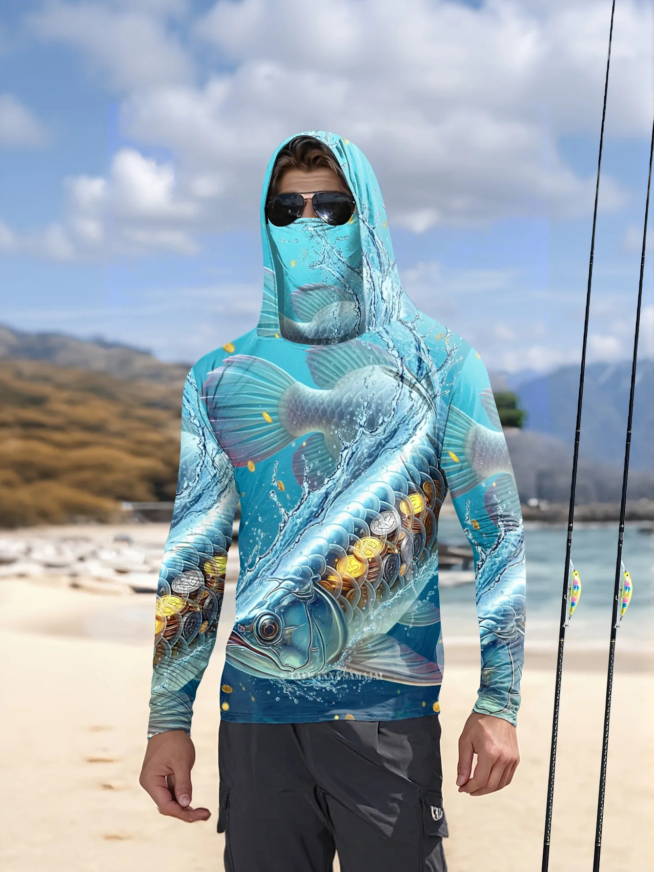2026 Summer New Style Men's Long-Sleeved Shirt with 3D Small Fish Print for Sporty and Casual Wear Comfortable Soft Breathable