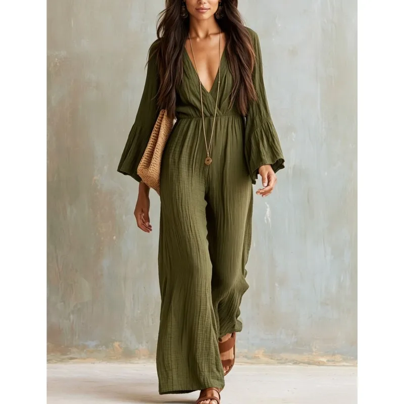 Elegant Solid Color Women's High Waisted Jumpsuit Bohemian Spring Autumn Fashion V-neck Wide Leg Jumpsuits Lady Office Clothing