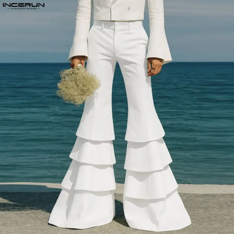 INCERUN Men Pants Solid Color Joggers Loose Casual Ruffle Flare Trousers Men Streetwear Party Fashion Male Long Pants S-5XL 2025