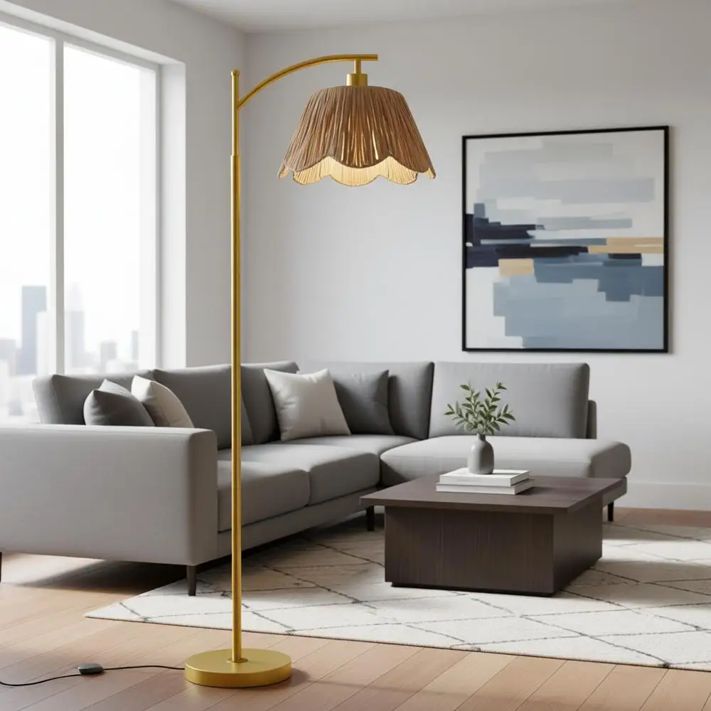 

Rattan Boho Floor Lamp with Hand-Woven Shade, Foot Switch, Gold Metal Base & Pole, Standing Lamp for Living Room, Bedroom, Readi