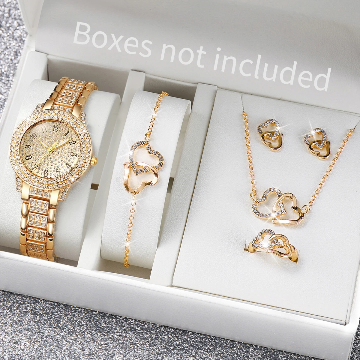 6PCS/Set Fashion Full Diamond Women\'s Watch Gold Steel Band Quartz Watches Heart Jewelry Set（Without Box）