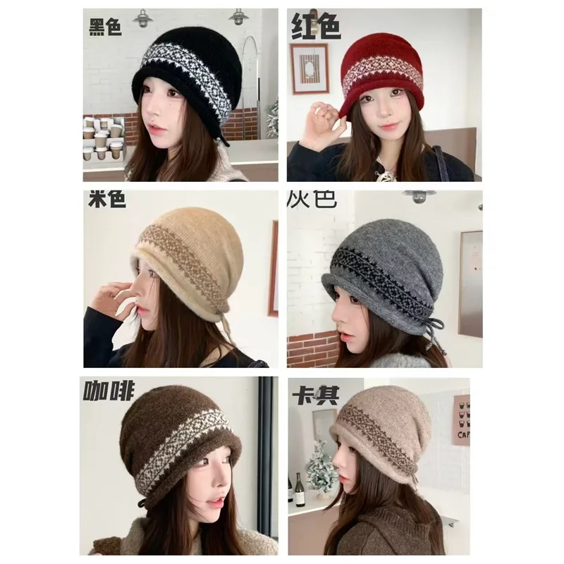 Korean Jacquard Rolled-Edge Knitted Beanie for Women Fair Isle Large Head Circumference Warm Ear-Protecting Wool Slouchy Hat