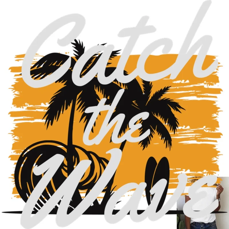 Tropical Coconut Tree & Surfboard Heat Transfer White Ink Iron - on Patch, Suitable for T - shirts/Canvas Bags, Casual Vacation