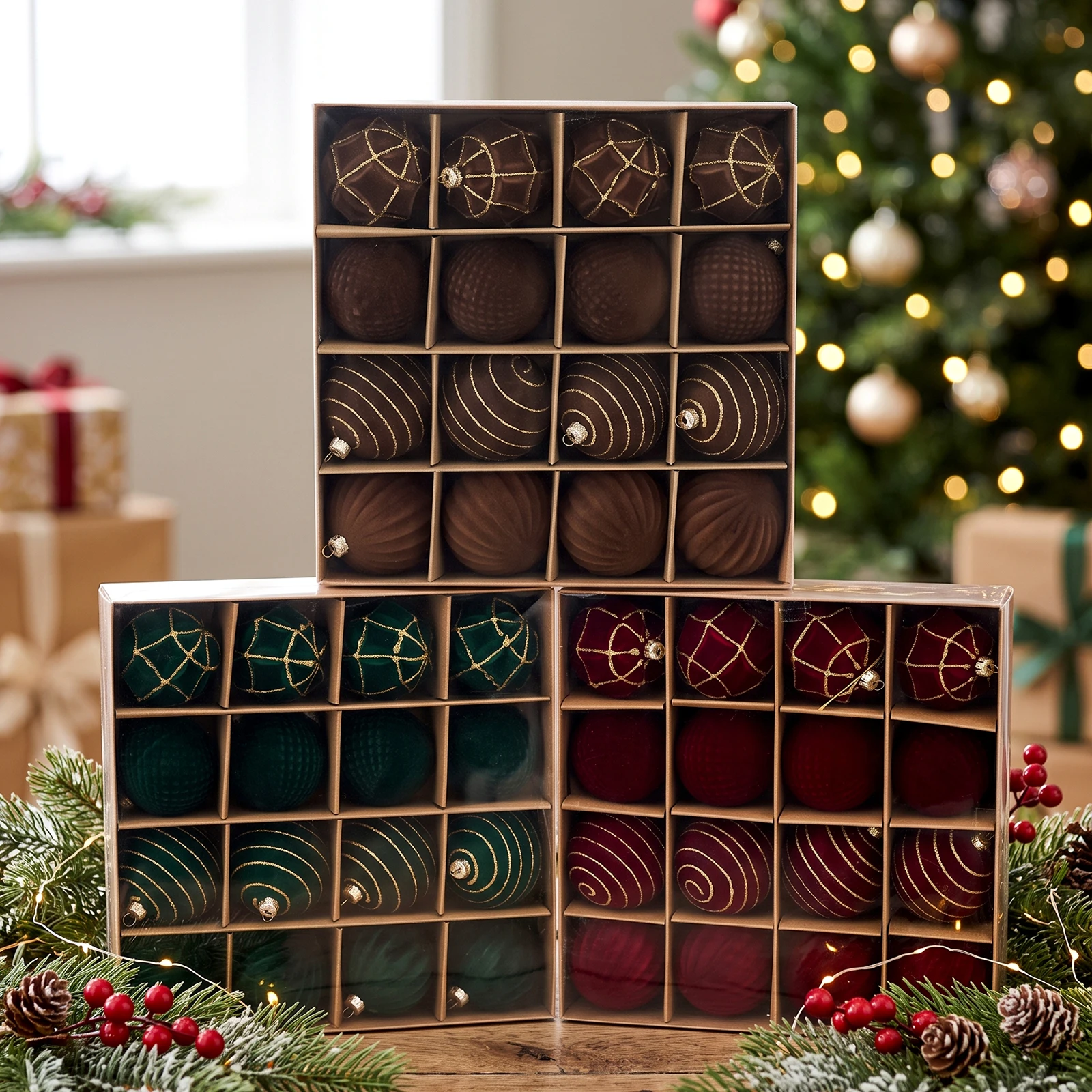 16-Pack 2.36Inch Flocked Velvet Christmas Tree Ornaments Set, Burgundy Green Brown Textured Hanging Balls with Glitter Line for