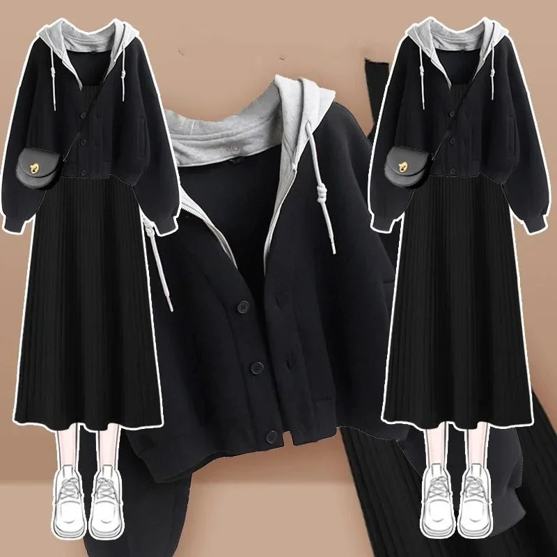 

Women's Fall/winter New Casual Fake Two-piece Hooded Sweatshirt+knit Dress Suit Korean Elegant Jacket Strap Skirt Matching Set