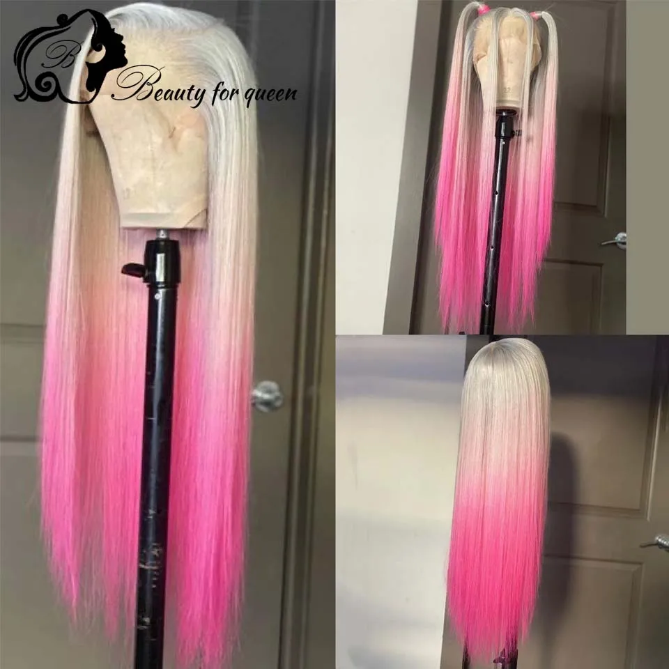 

White Pink Straight Transparent 13x4 Lace Frontal Wig Colored Brazilian Human Hair Wig For Women Cosplay 180 Density Pre Plucked