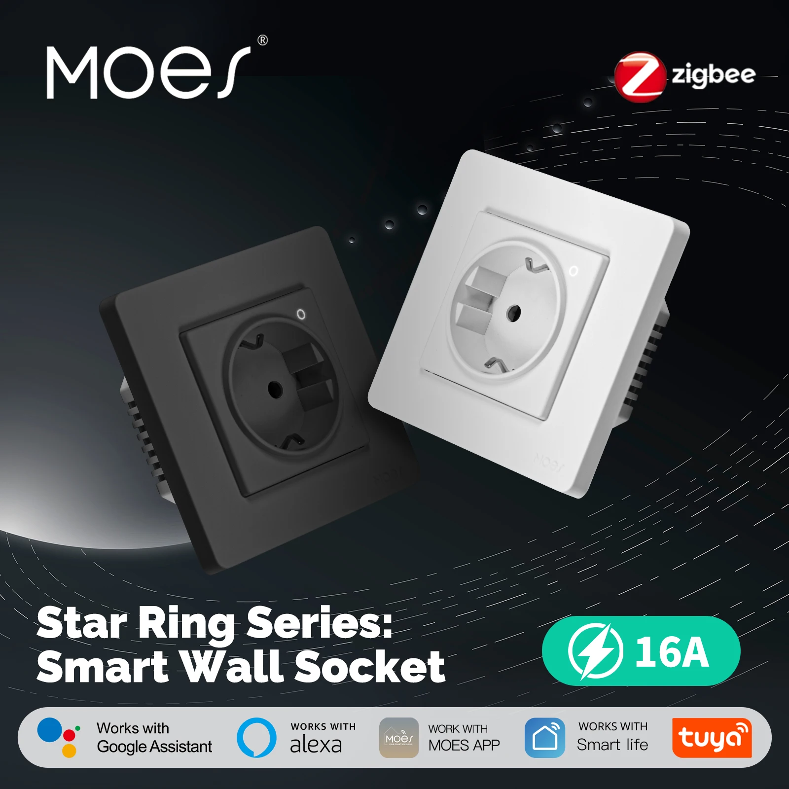 

MOES Tuya ZigBee Умная настенная розетка Встроенная розетка ЕС Монитор энергии Индикатор Голосовое управление Alexa Приложение Google Home Дистанционное управление