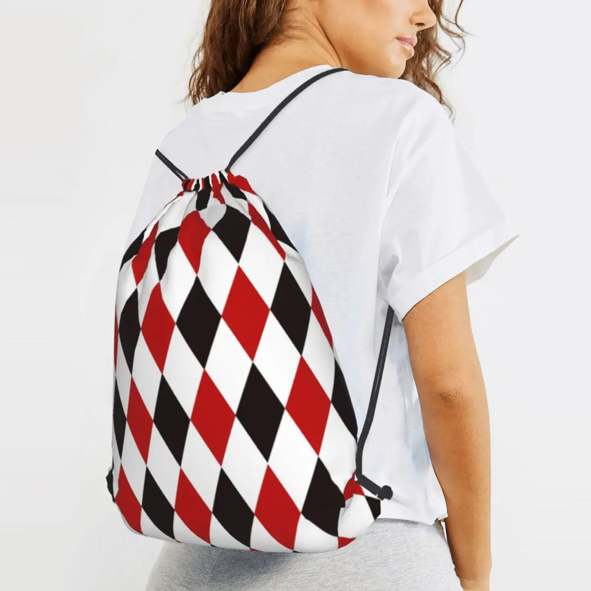 Harlequin Plaid Playing Cards Diamond Backpacks Portable Drawstring Bags Sports Bag Book Bags for Travel School