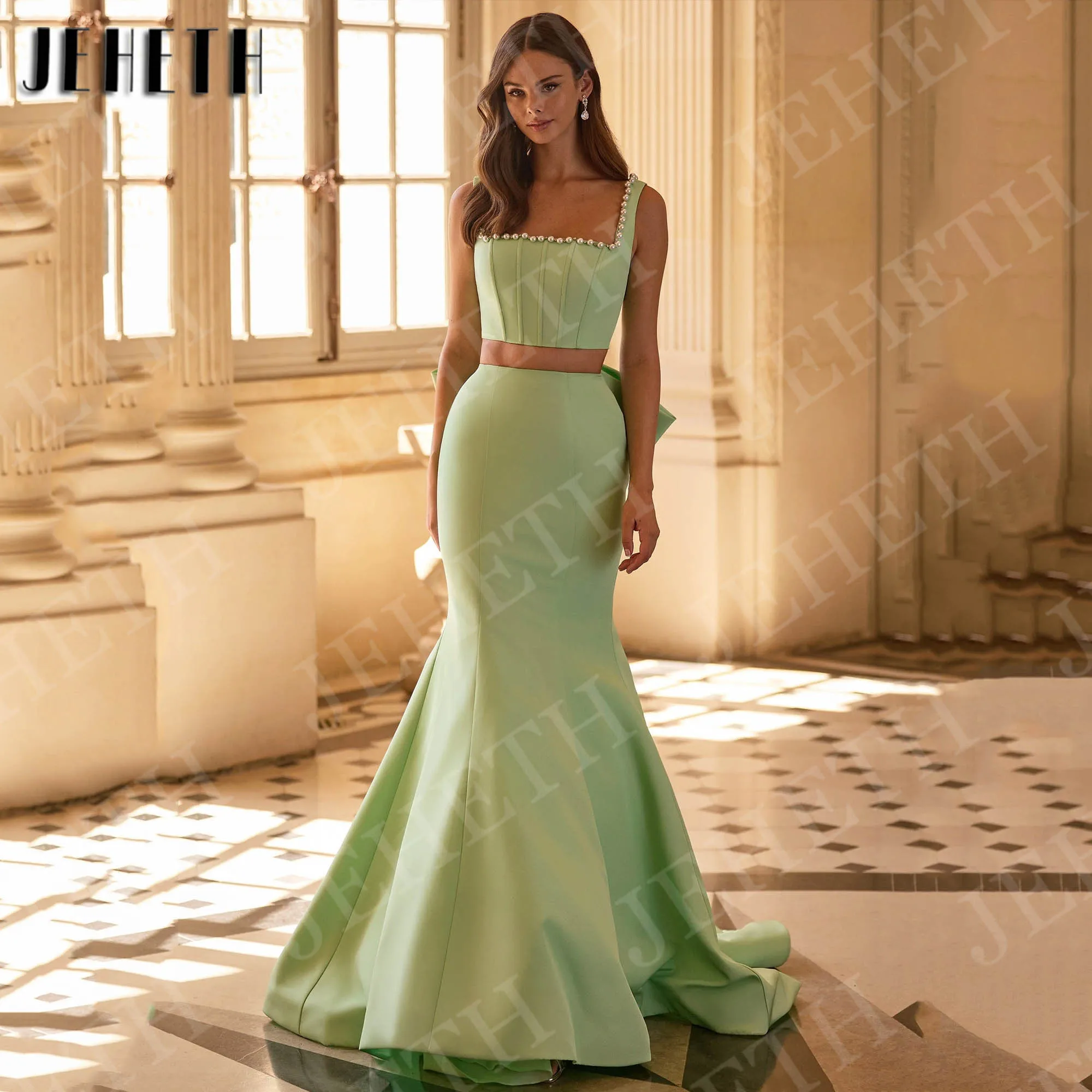 

JEHETH Evening Dresses Square Neck Prom Gowns Customized Open Back Mermaid Celebrity Dress Satin vestidos de fiesta elegantes