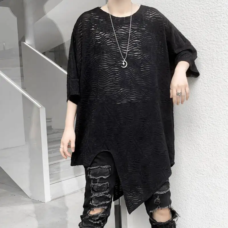 HKSH Summer New Men Tide Batwing Sleeve Irregular Hem Hollow Out Tees Trendy High Street Round Neck Short Sleeve T-shirt HK19891