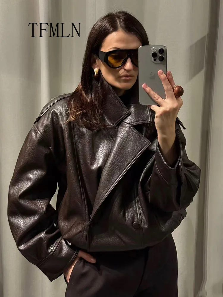 TFMLN الشتاء النساء طوق انفصال فو سترة جلدية شارع العليا مزدوجة الصدر معطف فضفاض شيك السببية كم طويل أبلى