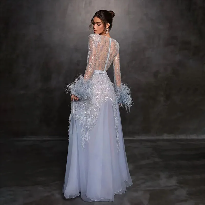 Exquisite Shinny Sequins  Prom Dresses O-Neck Long Sleeves Cocktail Party Evening Dress with Feathers Celebrity Gowns