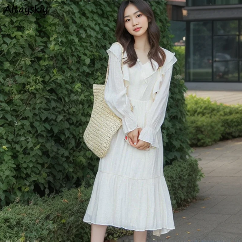 

Ruffles Midi Dress Women Streetwear Simple All-match Temper Gentle French Style Designed Sweet Fashion Aesthetic Literary 2024