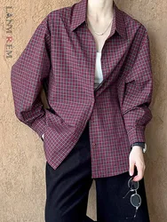 [LANMREM] Plaid Design Contrast Color Shirt For Women Lapel Single Breasted Office Lady Loose Blouses 2024 Autumn New 26C599