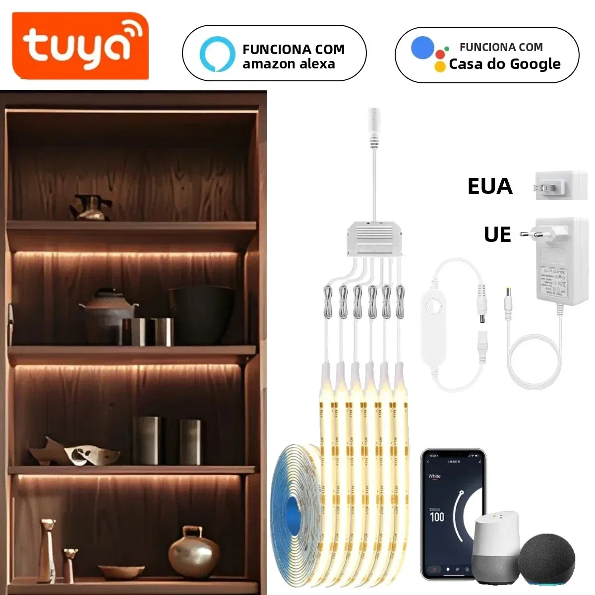 Conjunto de iluminação de grupo led cob inteligente tuya, 1-6 peças, funciona com alexa echo plus, google assistant, aplicativo de controle de voz para vitrine de armário