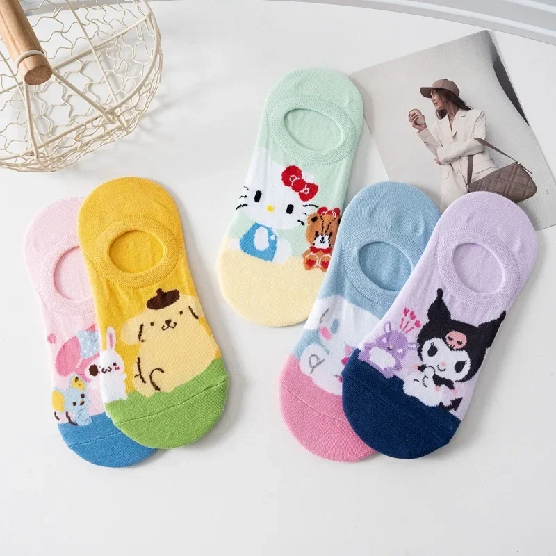 MINISO-Meias de barco invisíveis para mulheres, boca rasa, fofas, respiráveis, cintura baixa, anime, sanrio, hello kitty, hello kitty