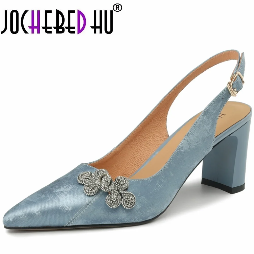 【JOCHEBED HU】New Style Brand Genuine Leather heels Soft Pumps for women shoes Retro fashion Buckle Lady Dress 34-42