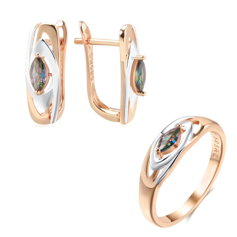 Wbmqda Luxury Colorful Stone Earrings Ring Sets For Women 585 Rose Gold Silver Mixed Trendy Natural Zircon Jewelry Accessories