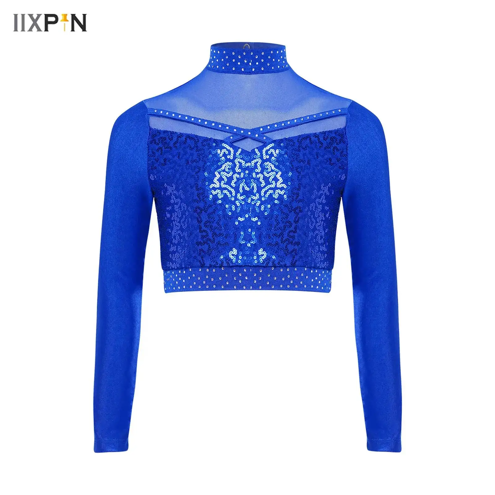 

Kids Girls Jazz Dance Top Mock Neck Long Sleeve Sheer Mesh Patchwork Shiny Sequins Crop Top Streetwear for Performance Dancewear